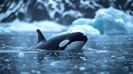 Fototapeta premium A killer whale swims in the icy waters near Tromso, Norway.