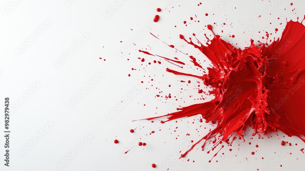 Poster a vibrant splash of red paint on a white surface, creating an abstract display of color and motion.