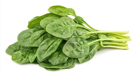 Obraz premium fresh bundle of vibrant green spinach leaves isolated on pure white background crisp detailed closeup showcasing leafy textures and natural variations in color