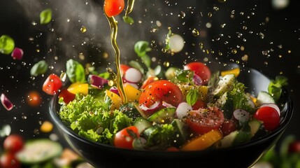 fresh vegetable salad with flying ingredients and olive oil drops dynamic healthy food still life photo