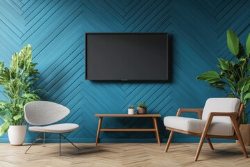 Modern Living Room with TV on Blue Herringbone Wall