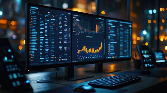 An analyst monitors analytical data displayed on multiple screens, emphasizing digital insights