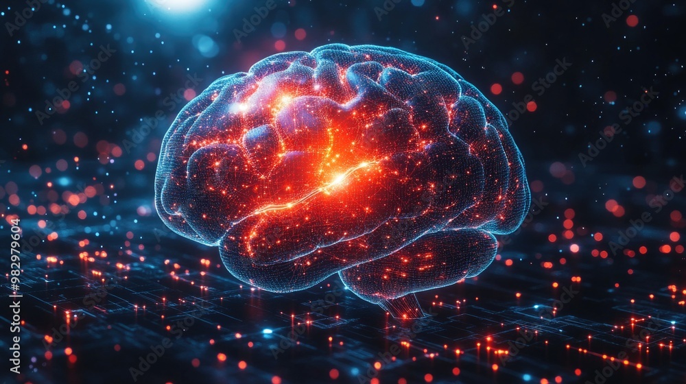 Poster an ultra-realistic depiction of a brain connected to technology with glowing neural pathways