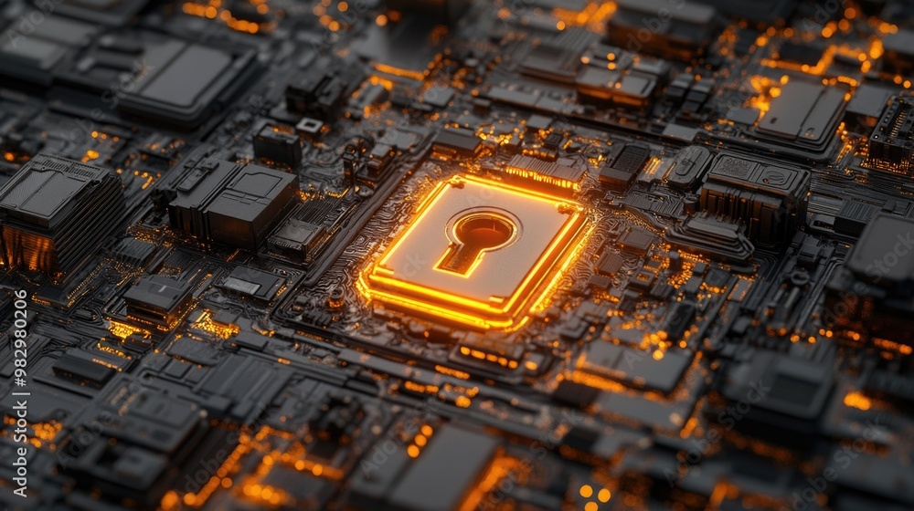 Poster intricate circuitry surrounds a glowing padlock symbolizing digital security and data protection