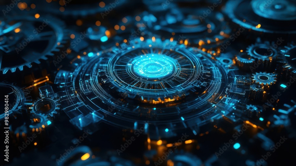 Poster futuristic 3d gear system floating in dark void illuminated by neon blue light intricate mechanical 