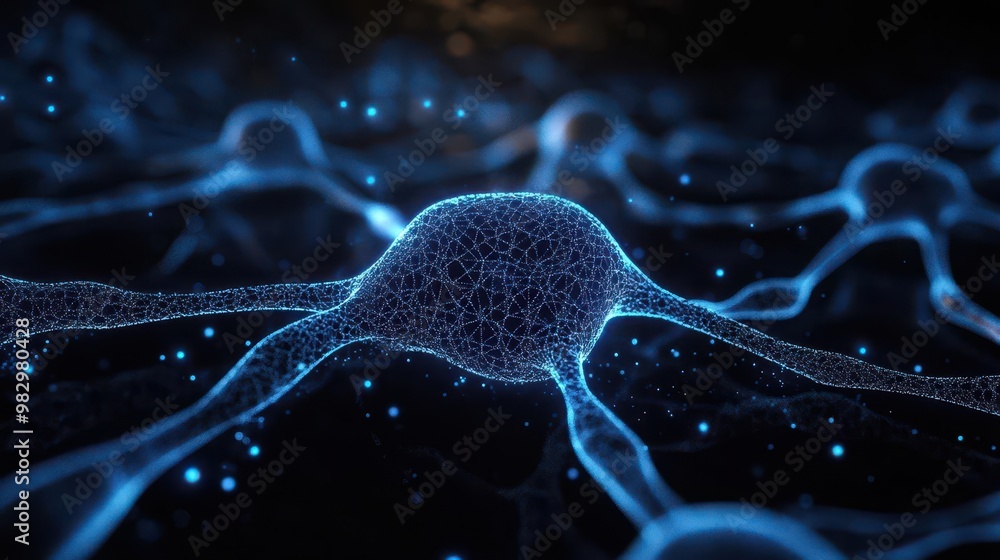 Aufkleber futuristic 3d illustration of interconnected biotech cells glowing blue lines form intricate network
