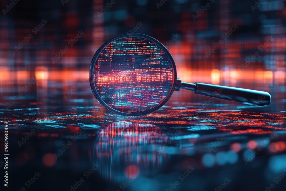 Poster a magnifying glass reveals binary code, showcasing digital analysis and cybersecurity insight