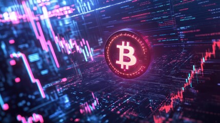 futuristic 3d render of a glowing bitcoin symbol floating above a holographic price chart surrounded by streams of digital data in a sleek hightech environment