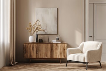 Modern Living Room Interior with Stylish Armchair and Wooden Sideboard in Scandinavian Design