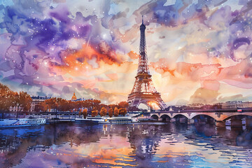 A painting of the Eiffel Tower and the Seine River at sunset