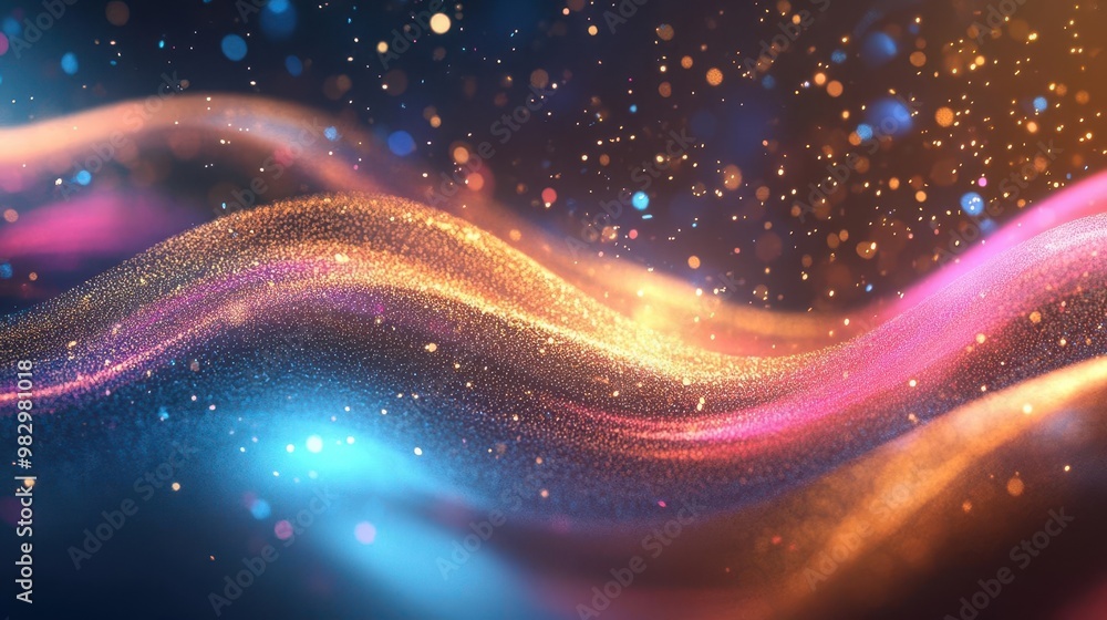 Aufkleber futuristic abstract background with flowing neon energy waves in gold pink and blue dynamic motion b