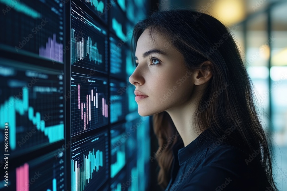Aufkleber a professional analyzes data on digital transformation strategies in a high-tech workspace
