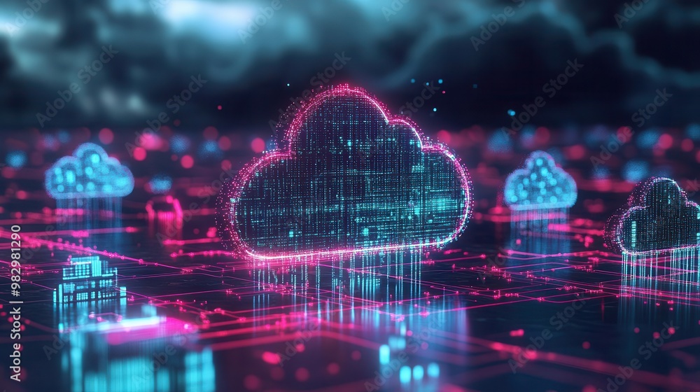 Poster futuristic ai cloud computing network for big data transmission and storage 3d illustration