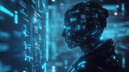 futuristic ai chatbot with glowing circuits writing on holographic screen soft blue tones floating data visualizations concept of artificial intelligence and machine learning