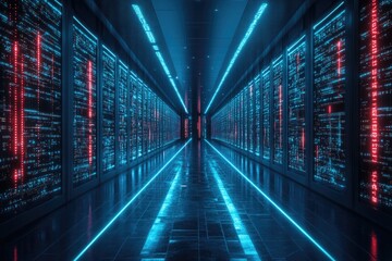 Fototapeta premium A modern data center featuring advanced technology with glowing servers and vibrant colors