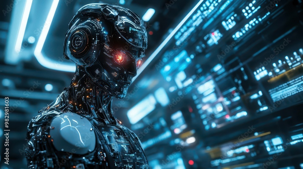 Aufkleber futuristic android with sleek metallic body glowing circuits and expressive led eyes posed dynamical