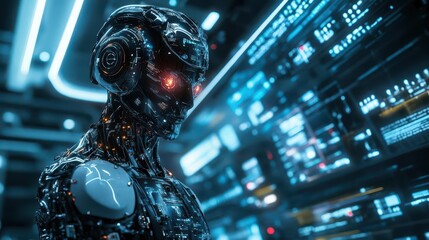 futuristic android with sleek metallic body glowing circuits and expressive led eyes posed dynamically against a backdrop of holographic displays in a hightech laboratory