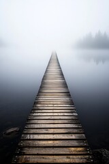 Obraz premium A wooden bridge disappearing into the fog, spanning across a river shrouded in early morning mist