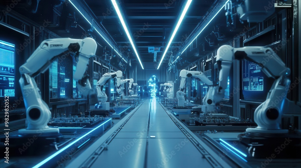 Aufkleber futuristic automated assembly line sleek robotic arms precisely manipulating intricate components ho
