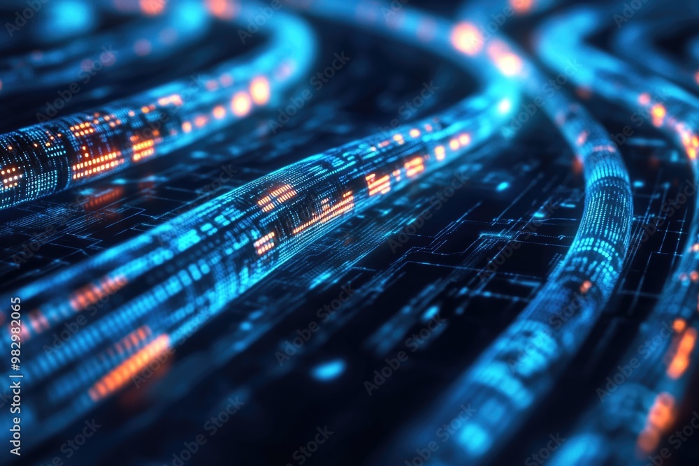 Poster bright cables pulse with data as they transmit information across a high-tech background