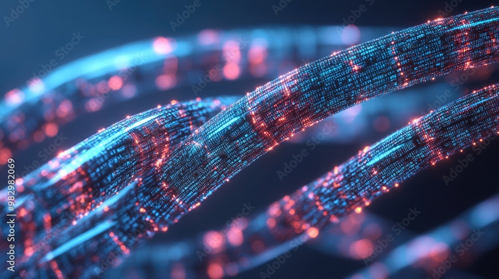 Poster glowing data cables intertwine and transmit information in a dynamic digital landscape