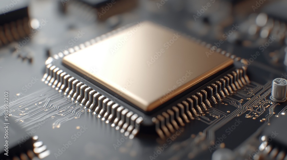 Poster a detailed close-up of a realistic microchip in a high-tech electronic setting