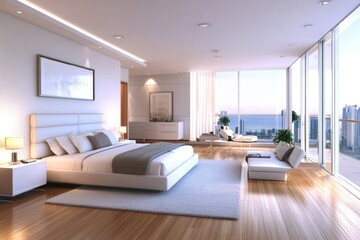 Fototapeta premium Modern Master Bedroom Design with Wood Flooring and Minimalist Decor