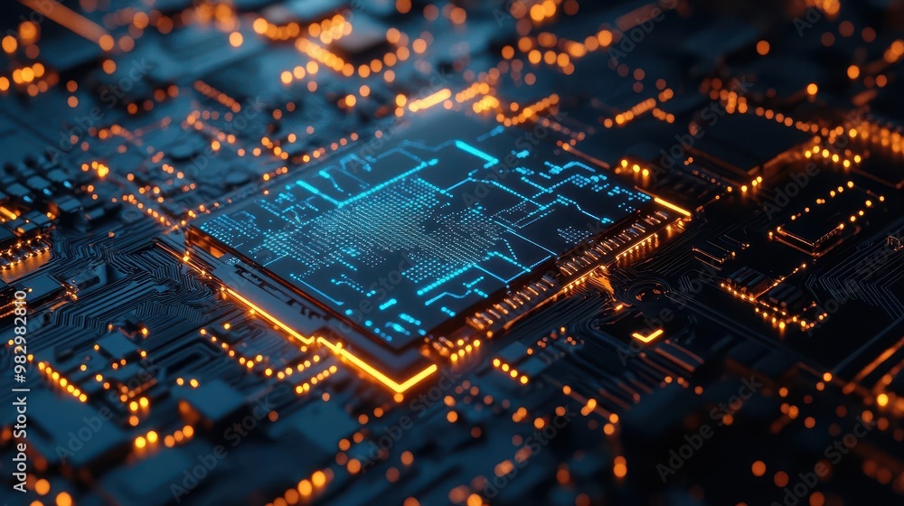 Poster futuristic circuit board closeup with glowing blue cpu intricate pathways and nanoscale components s