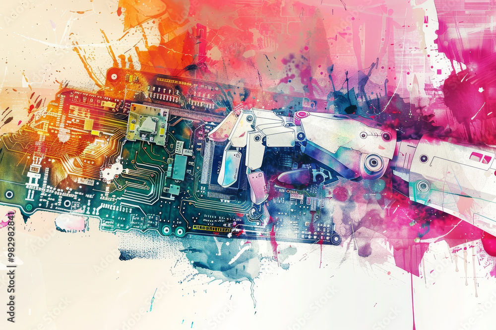 Poster a colorful painting of a robot hand touching a computer chip