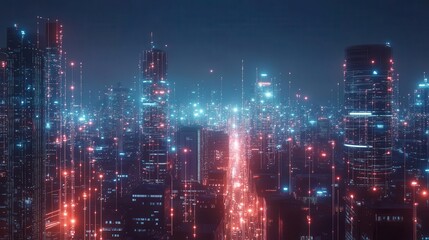 futuristic cityscape at night glowing network connections digital data streams illuminated skyscrapers global communication concept vibrant tech aesthetics interconnected world