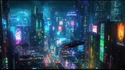 futuristic cityscape at night towering skyscrapers neon light accents reflective surfaces hover vehicles holographic billboards cyberpunk atmosphere