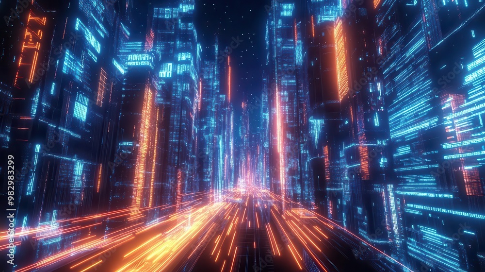 Aufkleber futuristic cityscape with glowing data streams illuminated skyscrapers and neon light trails from ho