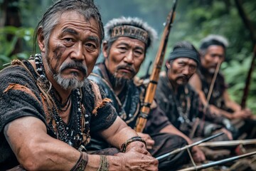 Ainu hunters in traditional attire, preparing to set out on a bear hunt in the dense forests of northern Japan, with their weapons and tools laid out before them