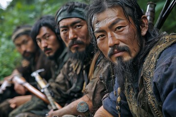 Ainu hunters in traditional attire, preparing to set out on a bear hunt in the dense forests of northern Japan, with their weapons and tools laid out before them