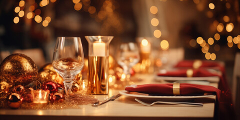 Festive christmas table setting is illuminated by the warm glow of burning candles, with a sparkling christmas tree in the background. Banner