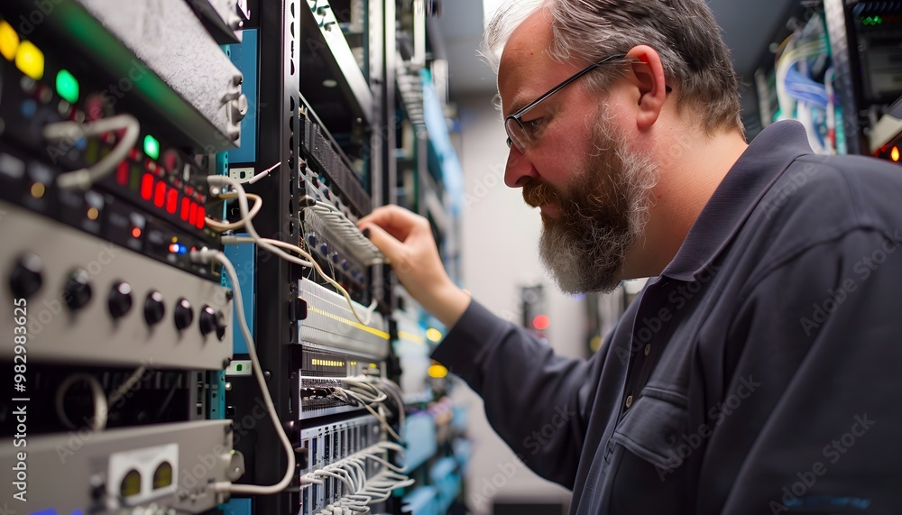 Poster a technician working on network equipment, focusing on connections in a data center with advanced te