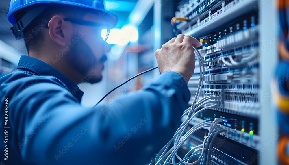 Poster a technician working on server cables in a data center, ensuring proper connections and maintenance 