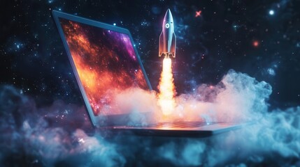 futuristic concept space rocket launching from open laptop screen vibrant digital effects and smoke trails create sense of motion sleek tech aesthetic meets cosmic exploration