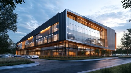 A modern office building with sleek aluminum panels and large windows. It has a unique design with angled steel panels on the outside.