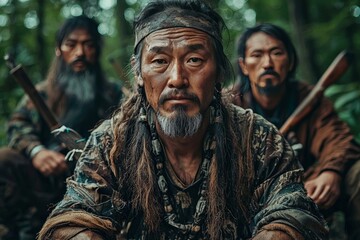 Ainu hunters in traditional attire, preparing to set out on a bear hunt in the dense forests of northern Japan, with their weapons and tools laid out before them