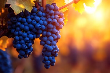 Ripe red grapes hanging on a vine in a vineyard at sunset.