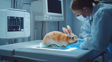 A veterinarian examines a rabbit on a medical table in a clinical setting, showcasing animal care and health diagnostics.