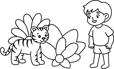 A Tiger and His Friend Explore the Colorful Flower Garden
