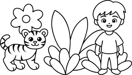 Playful Moments in the Flower Garden Color the Boy and Tiger
