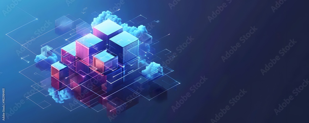 Poster abstract digital composition of cubes and clouds representing data storage and cloud technology in a