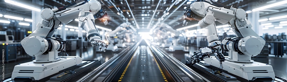Poster advanced robotic arms in a modern factory setting, showcasing automation technology for efficient ma