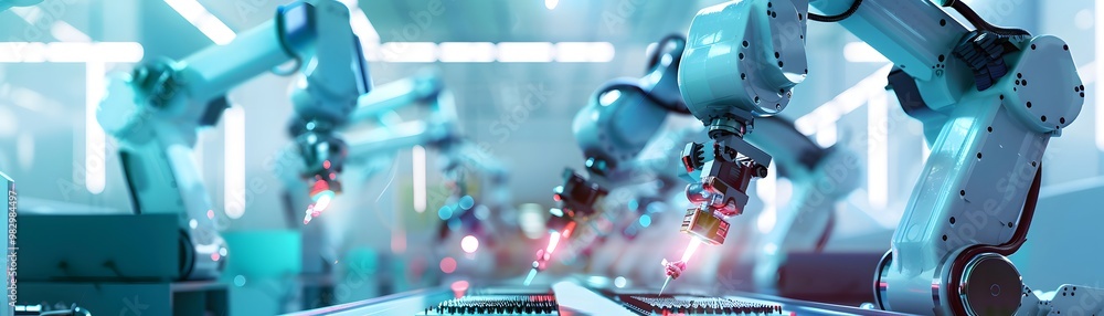 Poster advanced robotic arms in a factory setting, performing precise tasks with high efficiency and showca
