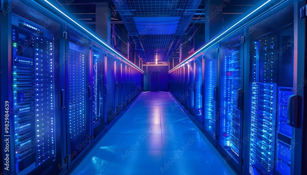 Poster captivating view of a modern data center, featuring glowing blue lights illuminating rows of server 