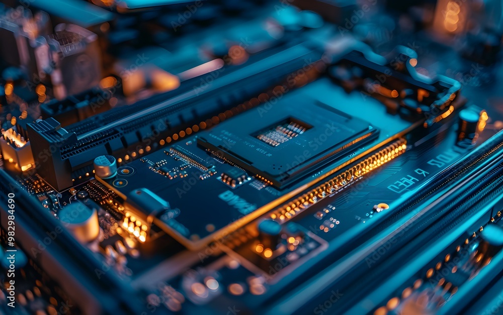 Poster close-up of a modern computer motherboard showcasing intricate circuits and a glowing processor in b