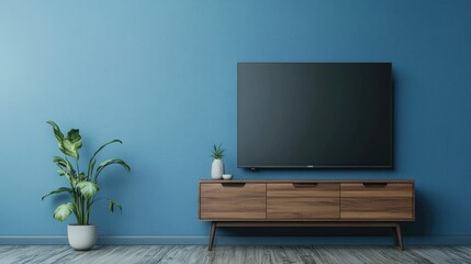 Modern Living Room Interior with TV Cabinet and Wooden Shelf on Blue Wall